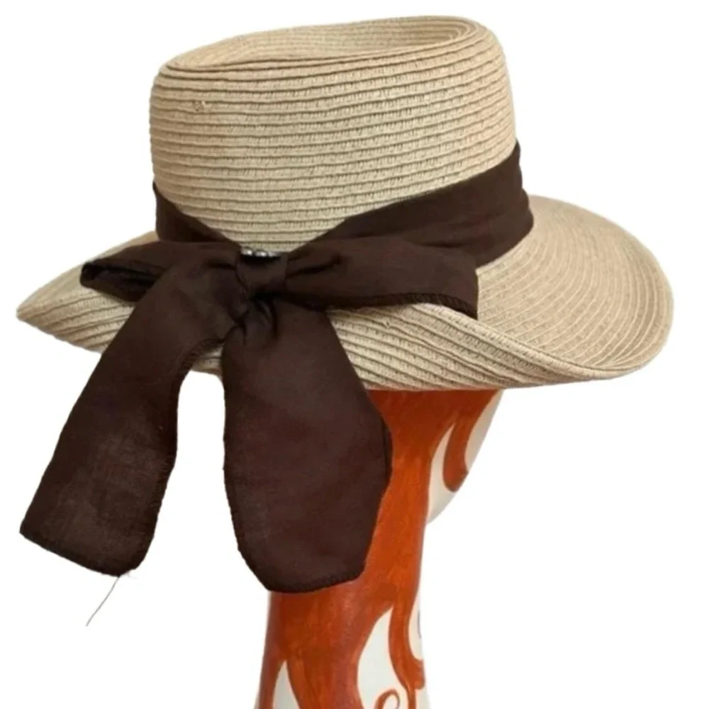 KALLINA ~ Women’s Neutral color beach or garden hat brown ribbon accent OS